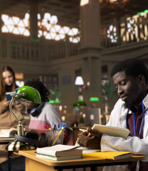 African american medic resident studying for his practice exam in the library, consulting the medical books database at institute. Young student on an internship learning for a career in healthcare.