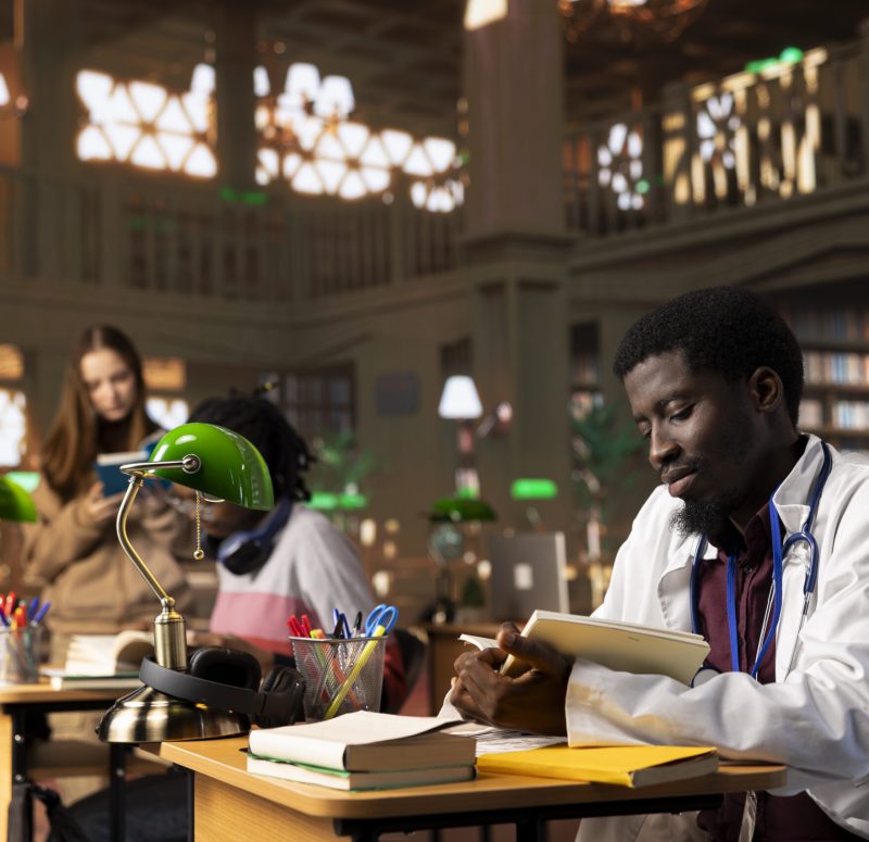 African american medic resident studying for his practice exam in the library African american medic resident studying for his practice exam in the library, consulting the medical books database at institute. Young student on an internship learning for a career in healthcare.